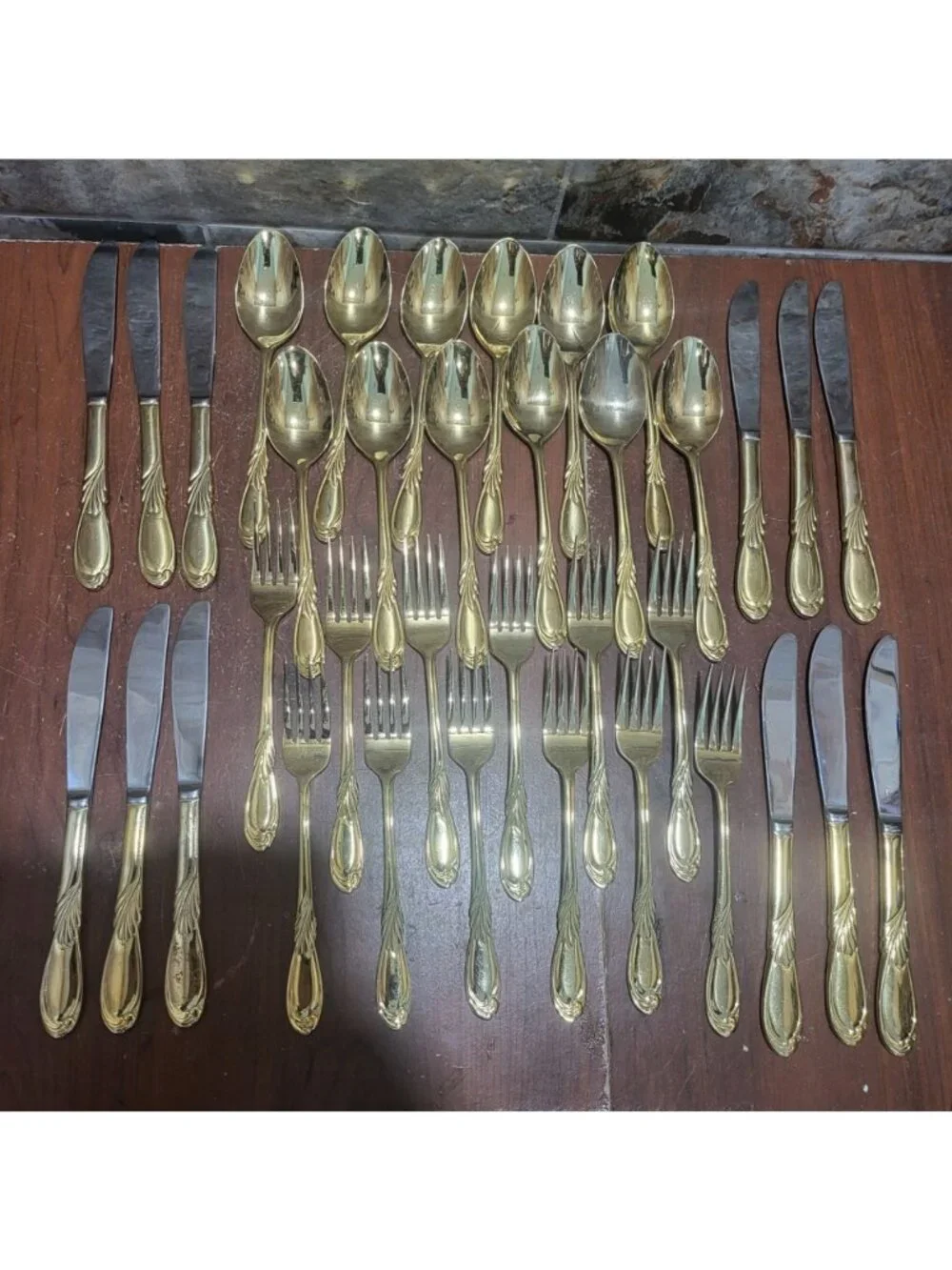 36 Piece Classic Plume Gold Electroplated Flatware Marked Stainless Steel Korea